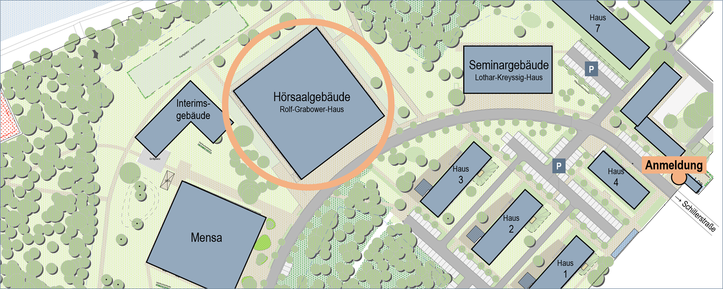 Bild: Das Bild zeigt den Lageplan mit dem Hörsaalgebäude.