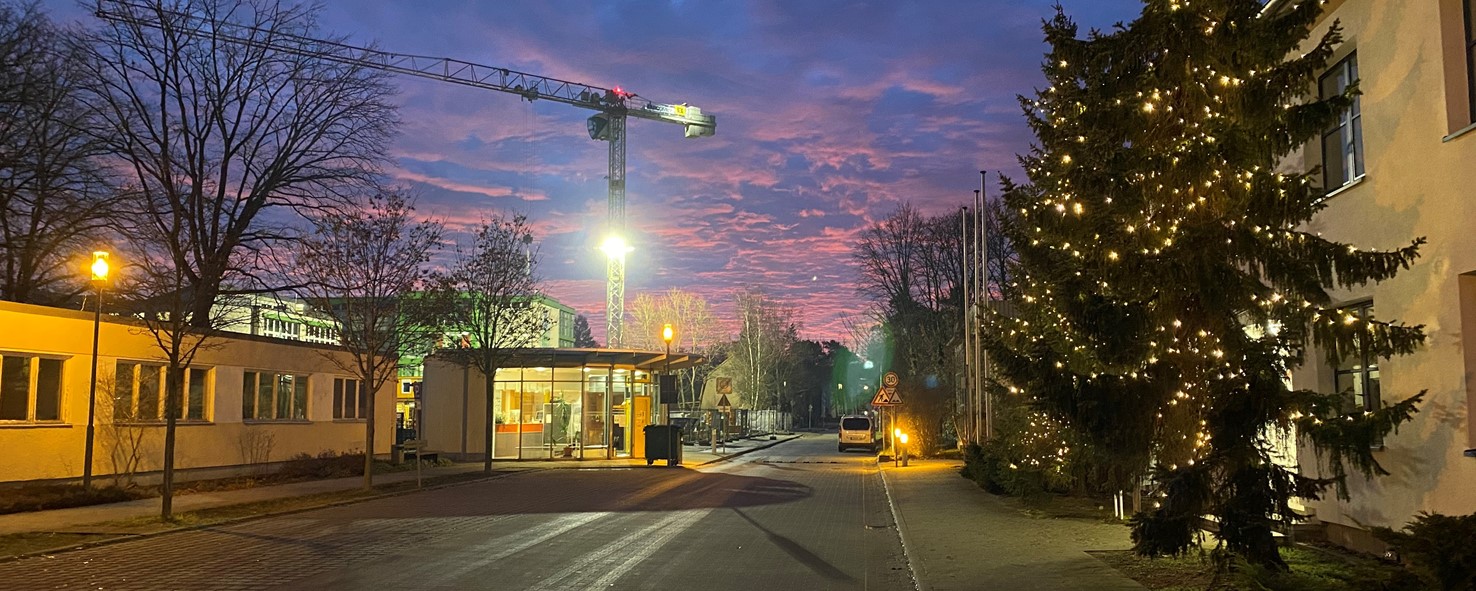 Bild: Das Bild zeigt die Straße mit Blick Richtung Anmeldung, Schule und Haus 4 am Wintermorgen