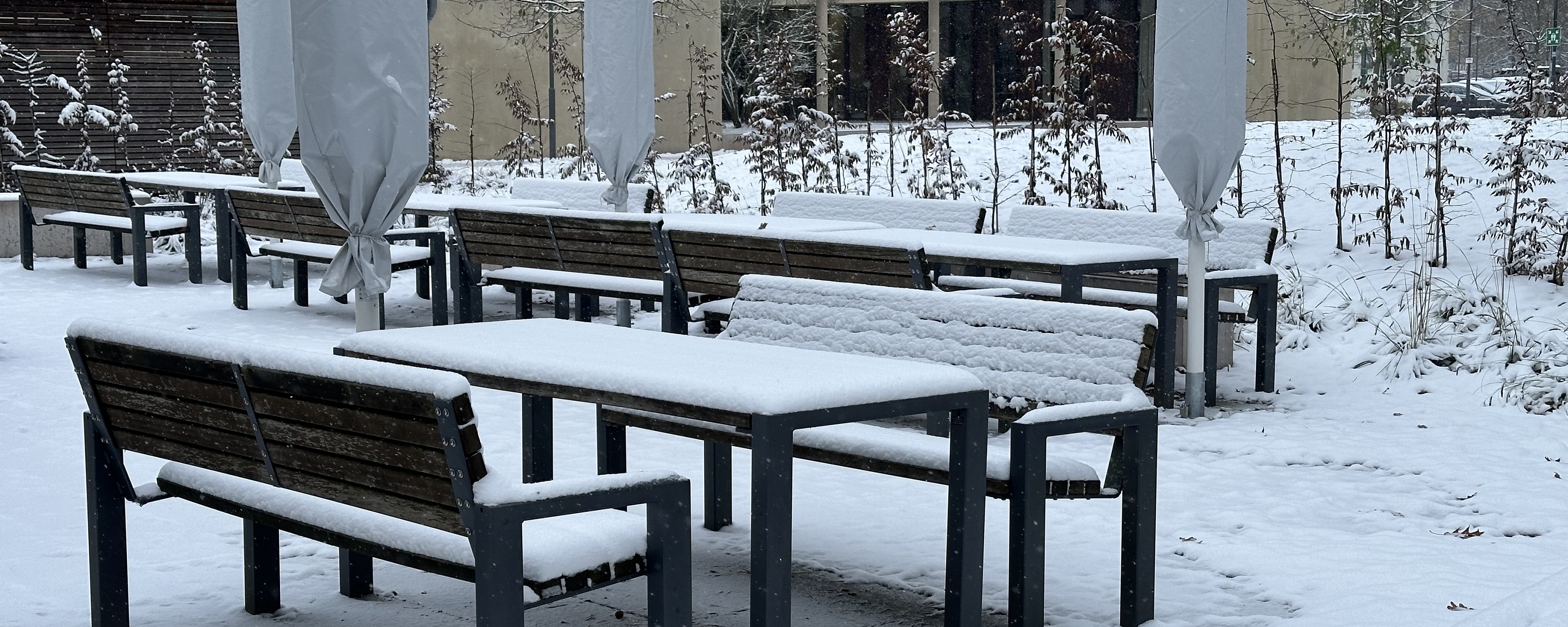 Bild: Grillplatz mit Tischen und Bänken mit Schnee bedeckt