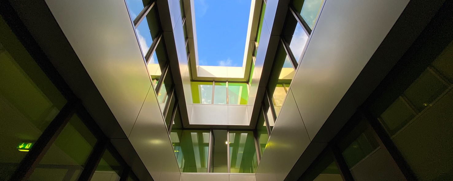 Bild: Das Bild zeigt die grünen Fenster im Seminargebäude.